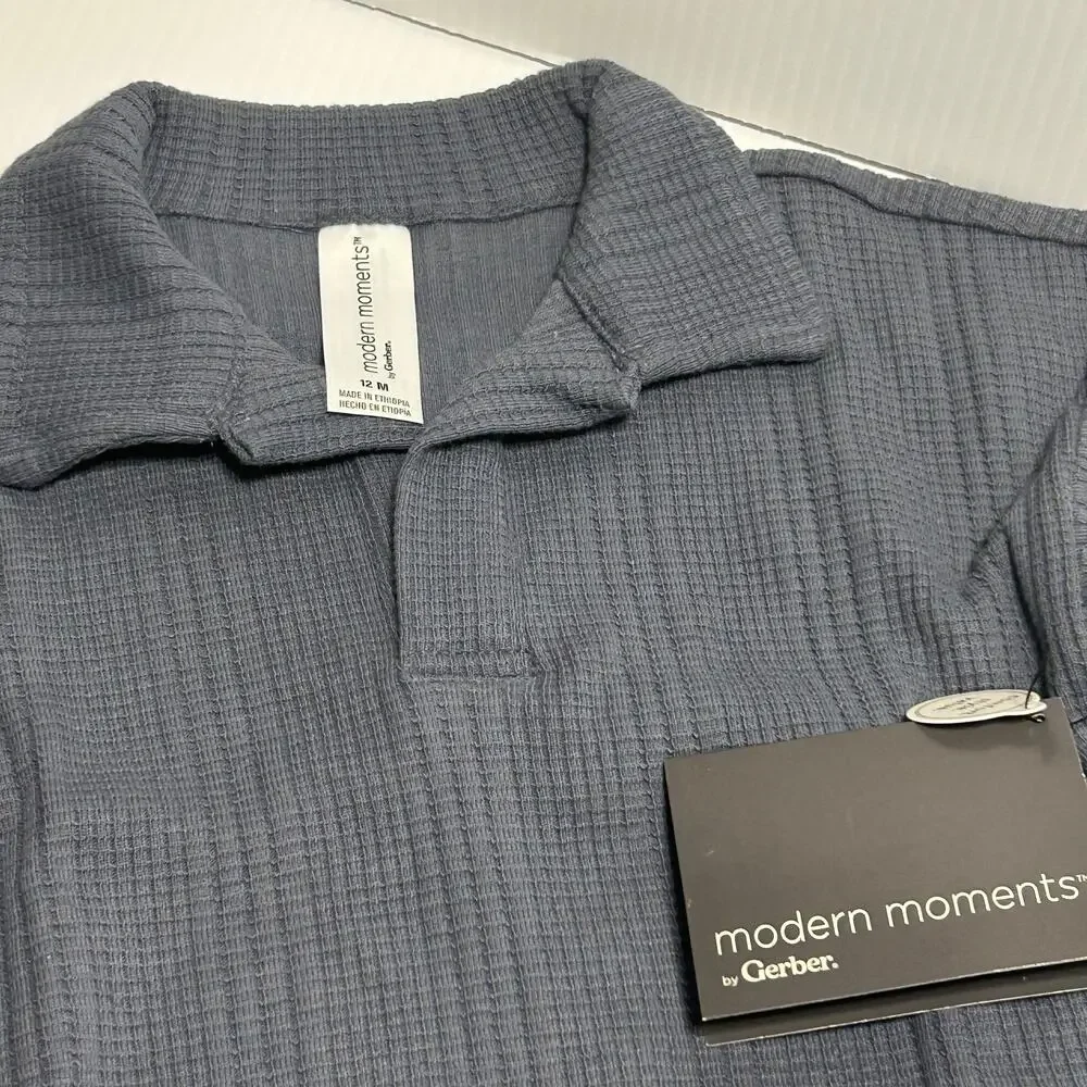 12M Gerber 2pc Boys Outfit Set Polo Shorts Blue Waffle Cotton Modern Moments NWT
